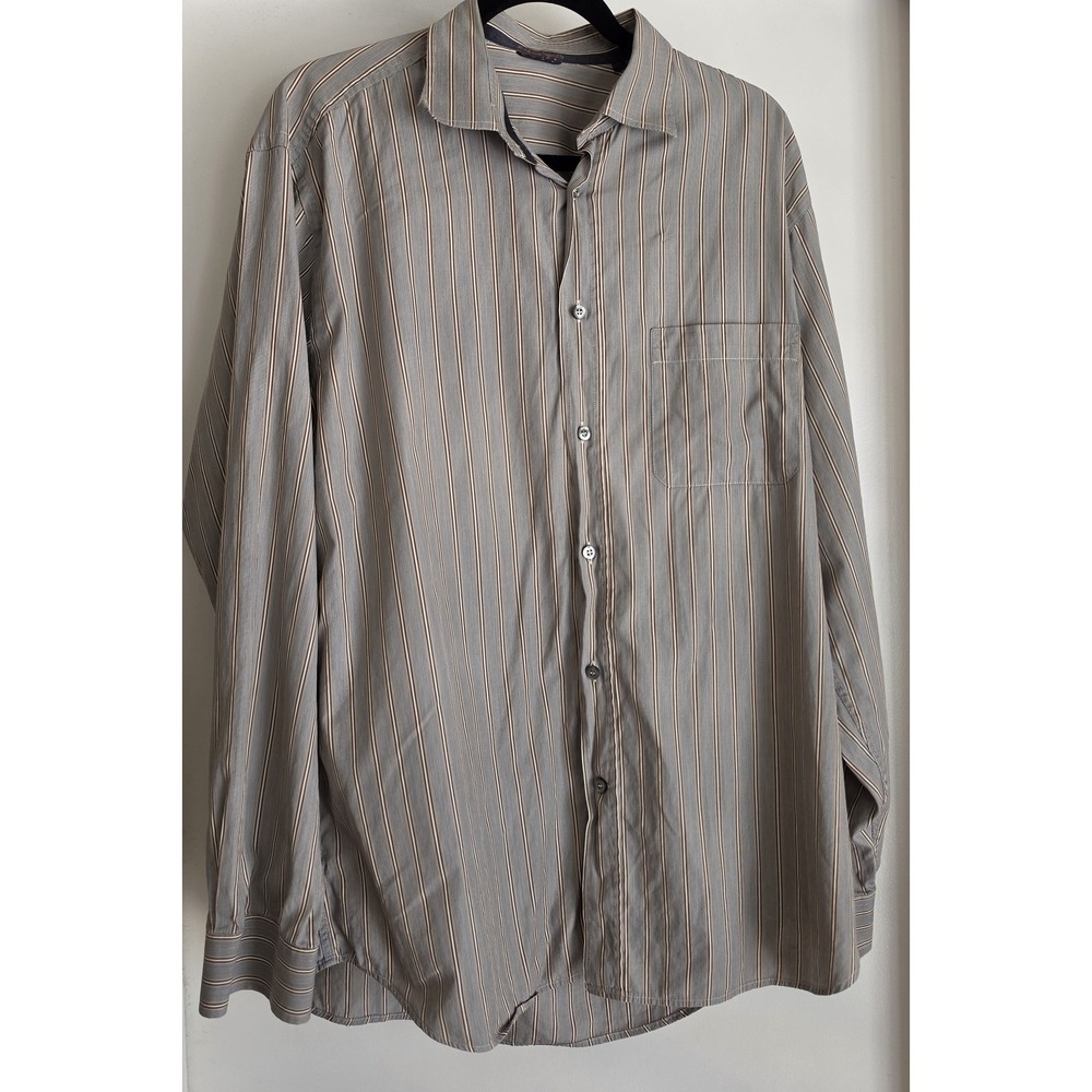 Zegna Sport Men XL Cotton Striped Long Sleeve Shirt Grey Brown Button-Up Top